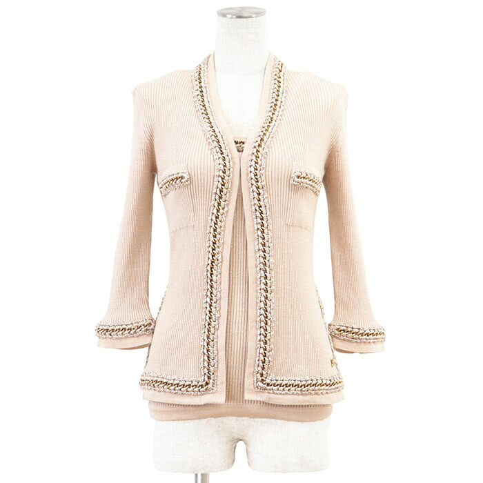 【美品】CHANEL シャネル 合奏団 編み物 ツィード＆ゴールドチェーン店 P38537 / P38540 2010年製 カシミール/綿織物/絹地 御機嫌ゲージ 肋材 メタリック 惹き付ける ジレー 貯蔵タンクいの一番 御召しもの レディース 大いさ 36 サクラ色ベージュ イタリア共和国製【中古】
