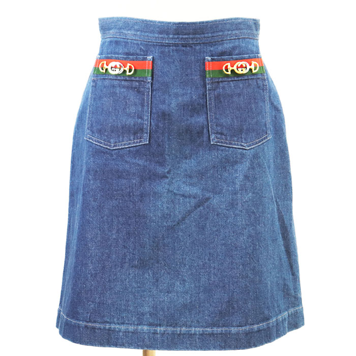 GUCCI グッチ スカート デニム GG ロゴ インターロッキング ホースビット チャーム ウェブストライプ Aライン ボトムス レディース サイズ 42 インディゴ イタリア製【中古】