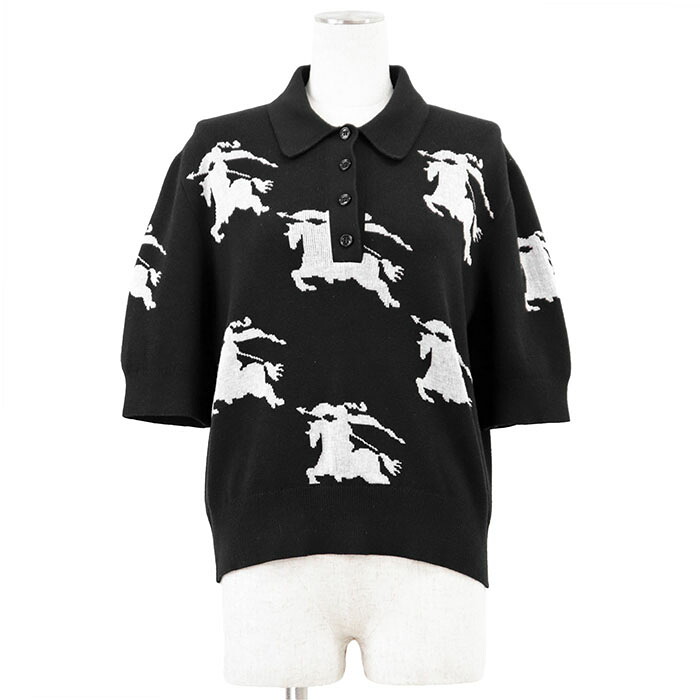 【美品】BURBERRY LONDON バーバリー 英国の首都 編み物 スポーツシャツ EKD ロゴタイプ 名取り草 Equestrian Knight Design 馬上のナイト爵 ジャかばい立て 綿織物 / 地絹 トップス レディース 大きさ XL 黒いこと 白いこと 黒 白 イタリア共和国製【中古】