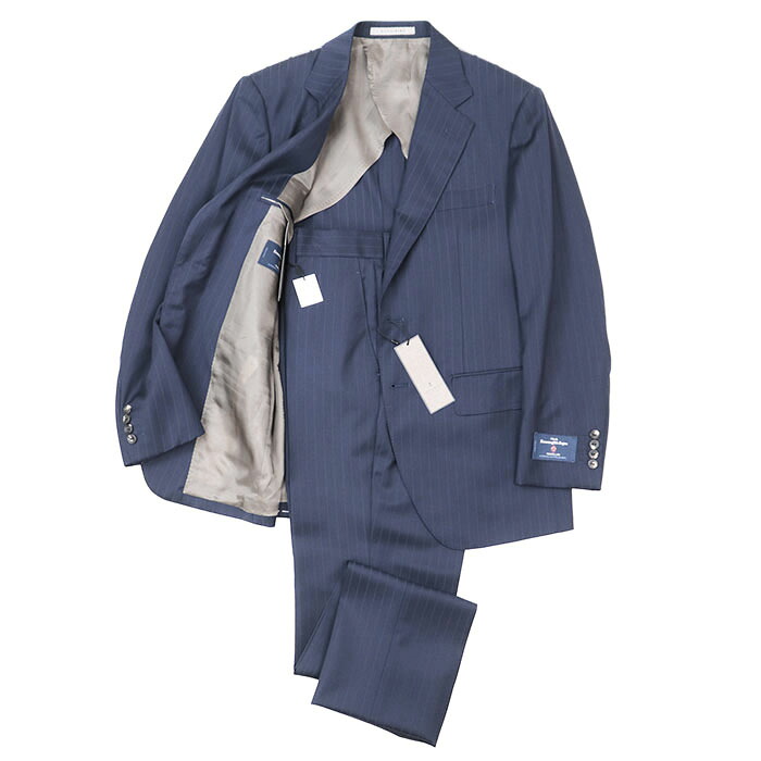 【未使用】GOTAIRIKU 五大陸 ゴタイリク スーツ セットアップ Ermenegildo Zegna エルメネジルド・ゼニア TRAVELLER トラベラー ストライプ ウール100% テーラード 2B 背抜き ジャケット スラックス 軽量 シワ耐性 メンズ サイズ 36 ネイビー 紺 日本製【中古】