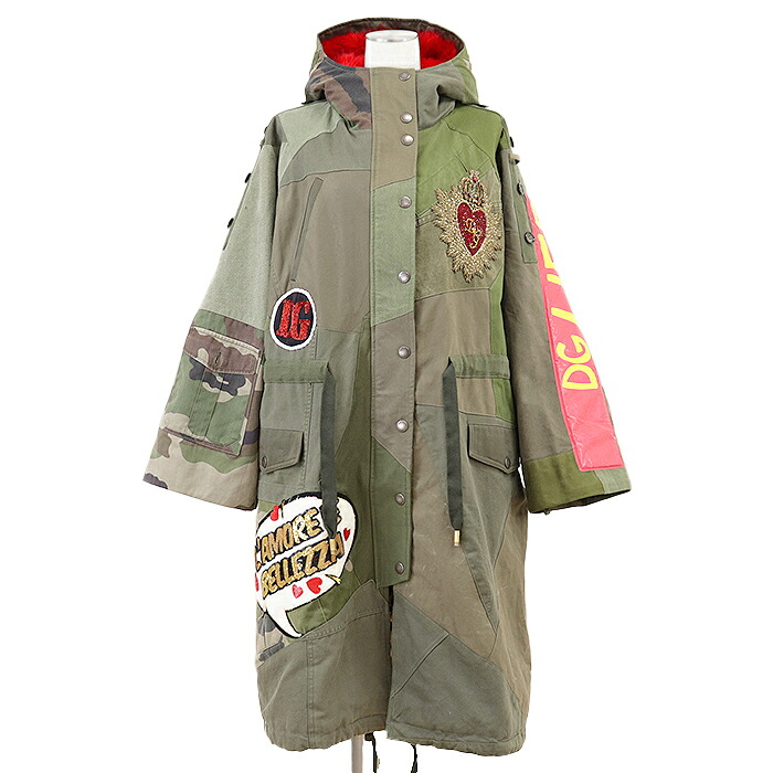 【美品】DOLCE\u0026GABBANA ドルチェアンドガッバーナ 厚地の外套 ディヴォーション L’AMORE E BELLEZZA ミリタリー 再組み立てる リメイク パッチワーク クリスタルビジュー ハート形 ジャケット冠 帯状髪飾り レオパードライニング ボンネット毛革 レディース 大きさ 36 カーキ イタリア共和国製【中古】