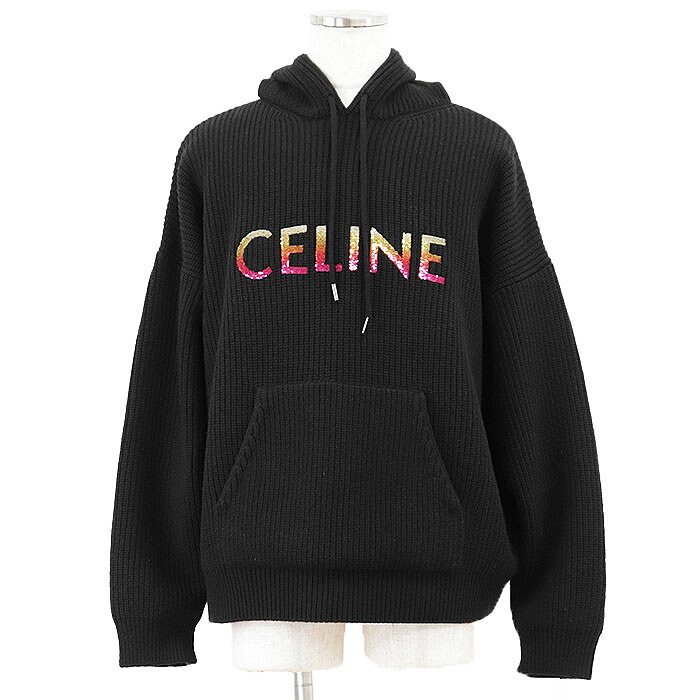 【未使用】CELINE セリーヌ ニット パーカー ロゴ スパンコール グラデーション ウール100% ローゲージ フーディー プルオーバー クルーネック ロングスリーブ 丸首 長袖 トップス タグ付属 メンズ サイズ L ブラック 黒 イタリア製【中古】|オパール店