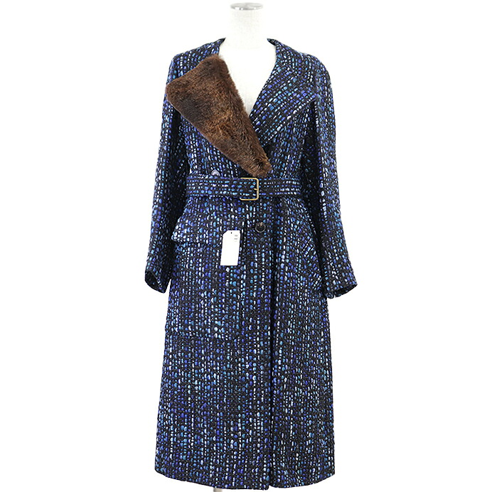 【美品】DRIES VAN NOTEN ドリスヴァンノッテン ベルテッドロングコート ツイード ラビットファー アシンメトリー カラー ウール100％ アウター レディース サイズ S ブルー系 青 スロベニア製【中古】