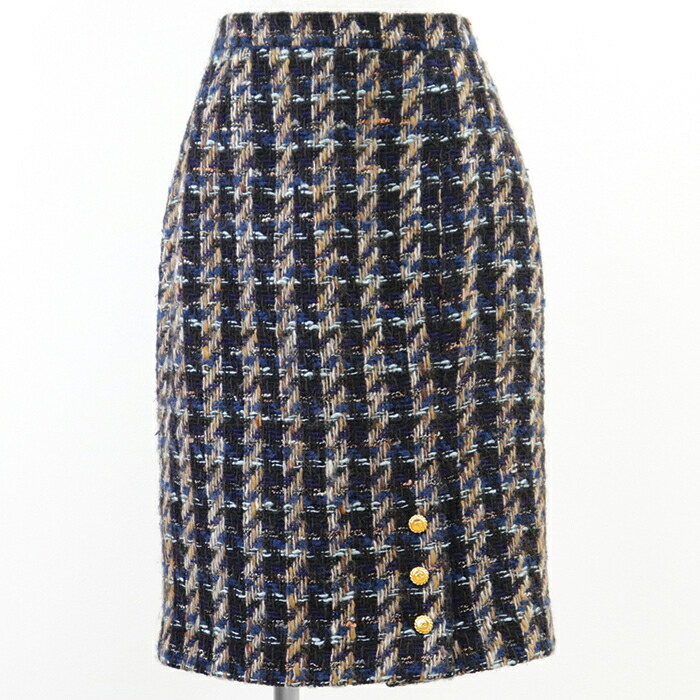 【SALE】CHANEL シャネル ヴィンテージ ウールツイードスカート 20662 ハウンドトゥース 千鳥格子柄 シグネチャー ロゴ COCOマーク ゴールドボタン バックファスナー ボトムス レディース サイズ 40 マルチカラー フランス製【中古】