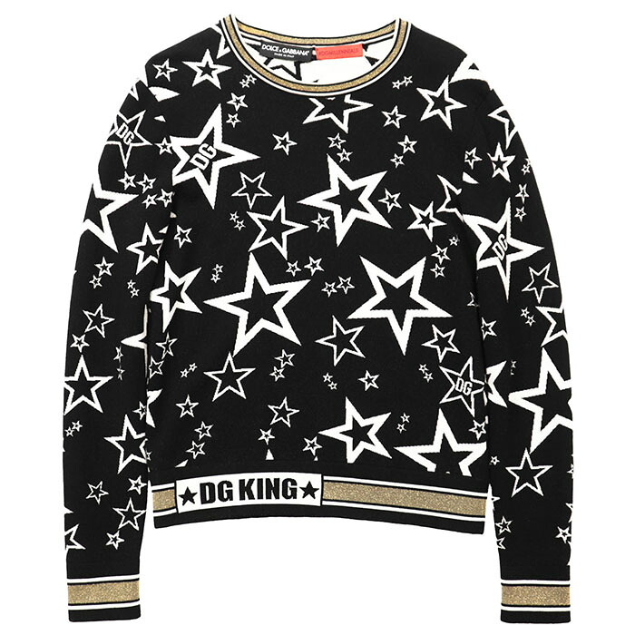【極美品】DOLCE\u0026GABBANA ドルチェ・アンド・ガッバーナ ニット セーター #DGMILLENNIALS ロゴ スター グラフィック メタリックライン インターシャ ハイゲージ ウール トップス メンズ サイズ 46 ブラック 黒 イタリア製【中古】