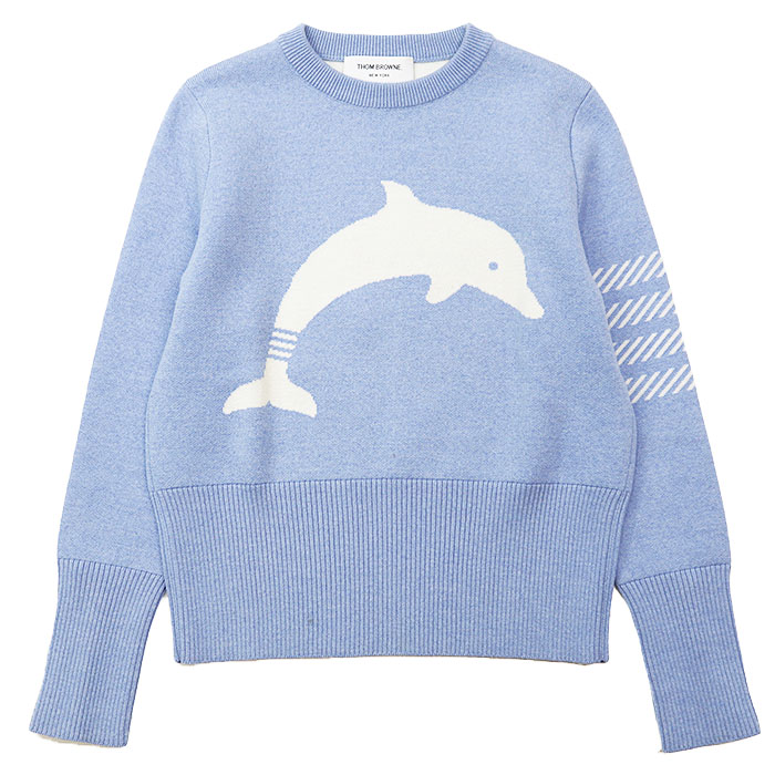 THOM BROWNE トム赤銅色 プルオーバー 4BAR 縞模様 海豚 海豚 インターシャ 天竺編み 飾り気のない 伸ばすこと 編み物 ティーシャツ 労働者の一団のど首 ロング衣袂 丸首 長袖 トップス レディース 大きさ 36 サキソフォン青碧 白いこと 白 イタリア共和国製【中古】