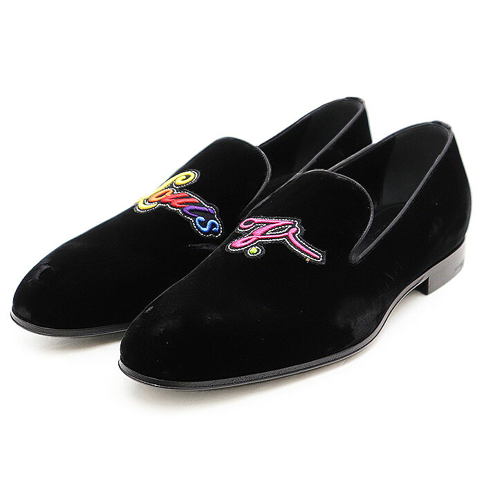 SALE【美品】LOUIS VUITTON ルイ・ヴィトン ローファー オートゥイユライン ベロア ベルベット ロゴ レインボーワッペン レザーソール スリッポン シューズ 靴 メンズ サイズ 8 1/2 ブラック 黒 イタリア製【中古】 27,720円