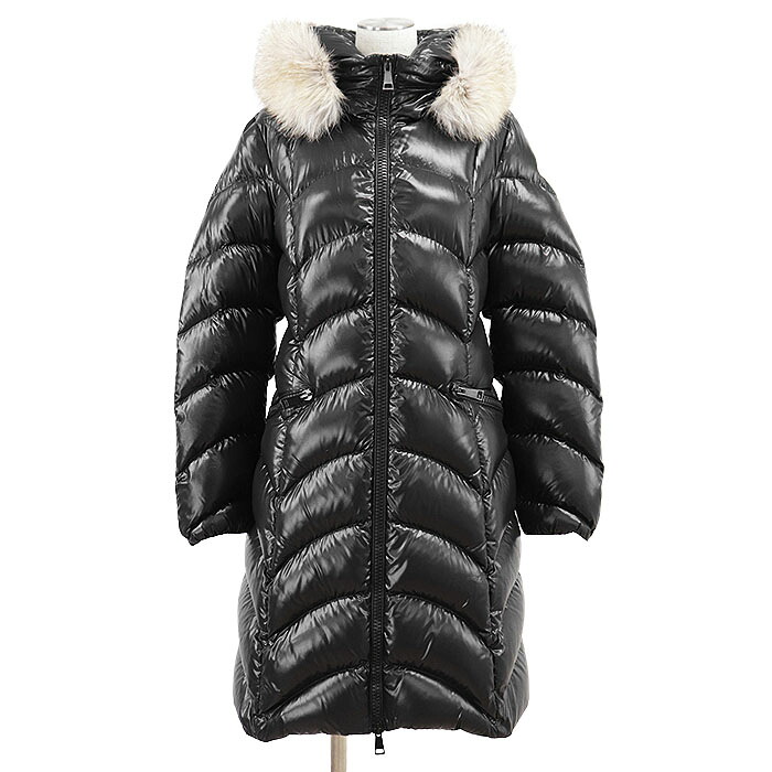【極美品】MONCLER モンクレール ダウンコート ALBIZIA GIUBBOTTO ロゴ ワッペン コミックラベル フォックスファー 取外可 ヘリンボーン 杉綾模様 ナイロン100％ ダウンジャケット アウター ハンガー・ガーメント付属 レディース 2 黒 アルメニア製【中古】