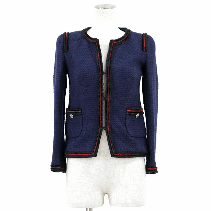 CHANEL シャネル ジャケット ツイード 09A P36021 2009年製 COCOマーク ロゴ ボタン パイピング ノーカラー ウール100% アウター ハンガー付属 レディース サイズ 34 ネイビー 紺 フランス製 カール・ラガーフェルド期【中古】｜オパール店