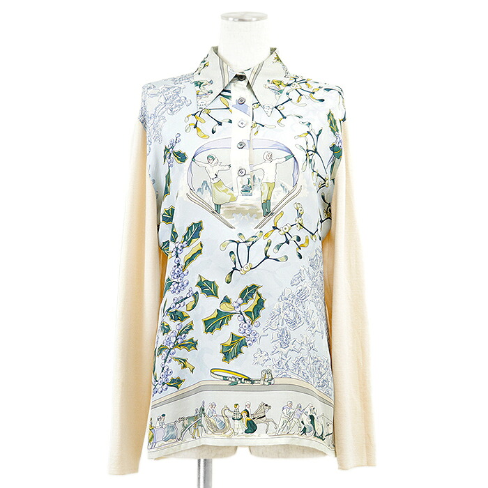HERMES エルメス ヴィンテージ プルオーバー ツイルレーヌシャツ NEIGE D\u0027ANTAN 去年の雪 ご機嫌ゲージ 編み物 × 地絹 ズボン下 ティーシャツ ロング衣袂 長袖 トップス レディース 大きさ M サキソフォン青碧 イタリア共和国製【中古】