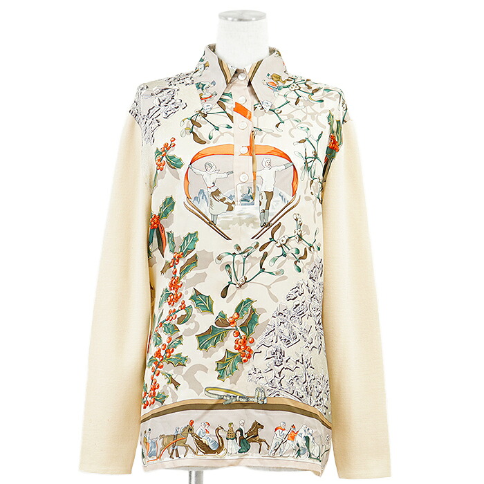 【SALE】HERMES エルメス ヴィンテージ ツイルレーヌシャツ NEIGE D\u0027ANTAN 去年の雪 ご機嫌ゲージ 編み物 × 絹地 ズボン下 ティーシャツ ロング衣袂 長袖 トップス レディース 大いさ M 象牙色系 イタリア共和国製【中古】 レディースファッション-ニット・セーター
