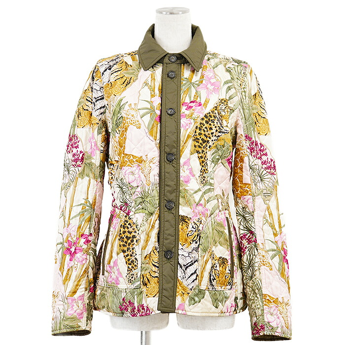 【極美品】Salvatore Ferragamo サルヴァトーレフェラガモ パデッドジャケット キルティング リヴァーシブル 毛の荒物柄 虎 虎 フローラル 花柄 刷り上げる 書き判 ロゴタイプ名取り草 軽さ アウター レディース 大きさ 42 マルチ色つや オリーブ イタリア共和国製【中古】