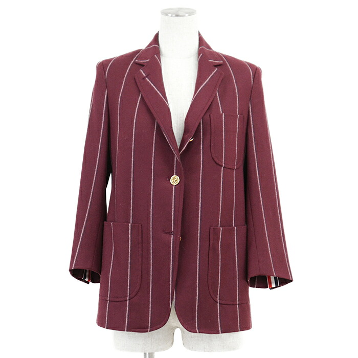 SALE【美品】THOM BROWNE トムブラウン テーラードジャケット ノッチドラペル 3B ゴールドアンカーボタン ストライプ ウール100％ フランネル ブレザー アウター レディース サイズ 36 ワインレッド 赤 イタリア製【中古】