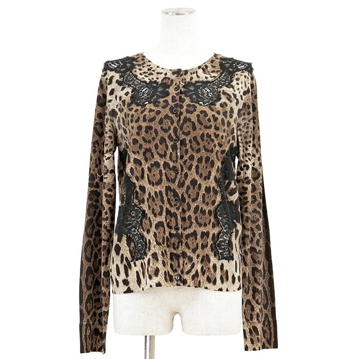 SALE【美品】DOLCE&GABBANA ドルチェ・アンド・ガッバーナ ニット カーディガン レオパード 転写プリント ロゴ ボタン レース 花柄 コンビネーション ウール / コットン ハイゲージ クルーネック トップス レディース 44 ブラウン ブラック 黒 茶色 イタリア製【中古】｜オパール店