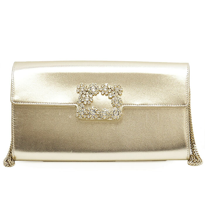【美品】Roger Vivier ロジェヴィヴィエ チェーンクラッチバッグ エフロレッセンス 繻子 なめし革 クリスタルビジュー メタリック 鞄 小物 箱・袋嘱する レディース 三鞭酒ゴールド 金色 イタリア共和国製【中古】