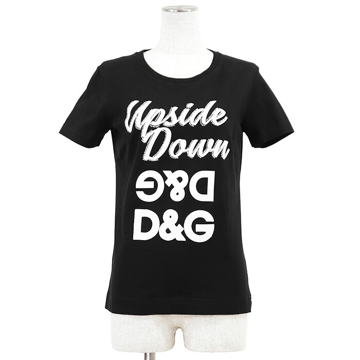 SALE【美品】DOLCE\u0026GABBANA ドルチェ・アンド・ガッバーナ ティーシャツ カットソー Upside Down ロゴタイプ クリスタルビジュー 刷り上げる スパンコール 綿織物100% 労働者の一団のど首 遊撃手捩り 丸首 半袖 レディース 大いさ 40 黒いこと 白いこと 黒 白 イタリア共和国製【中古】 トップス-Tシャツ・カットソー-レディースファッション