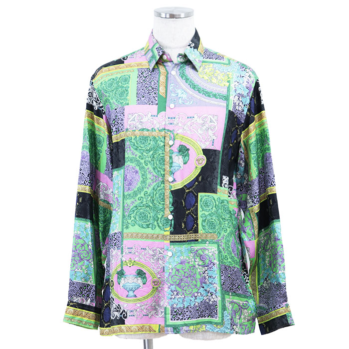 【極美品】VERSACE ヴェルサーチ 長袖シャツ HERITAGE FIT ロゴ ボタン メデューサ バロック レオパード フローラル 花柄 総柄 クレイジーパターン シルク100% トップス メンズ サイズ 40 マルチカラー イタリア製【中古】
