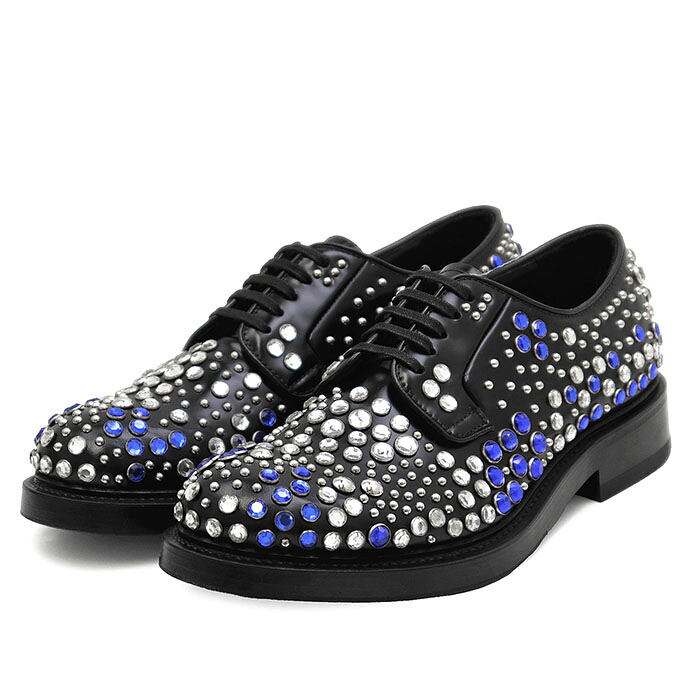 【未使用】PRADA プラダ ドレスシューズ レザー ラインストーン/スタッズ プレーントゥ エッグトゥ ダービー 外羽根 チャンキーソール 厚底 革靴 箱・袋付属 メンズ サイズ 5 ブラック シルバー ブルー 黒 銀色 青 イタリア製 2EA151【中古】