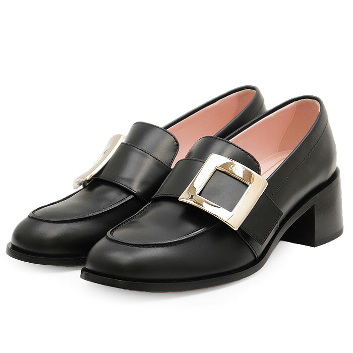 【未使用】Roger Vivier ロジェヴィヴィエ ヴィヴ ローファー レンジャー レザー ロゴ メタルバックル チャンキーヒール レザーソール シューズ 革靴 袋付属 レディース サイズ 36 1/2 ブラック 黒 イタリア製【中古】