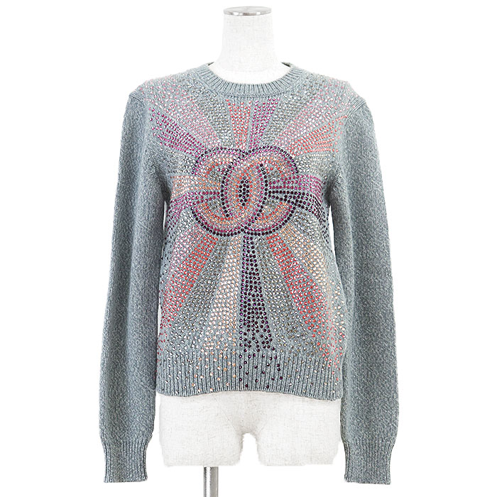 【新品負けず劣らず】CHANEL シャネル プルオーバー LOOK27 P73896 2022AW レディース 大きさ 36 COCO見澄ます 伝達ルート石ころ カシミール100% メランジ 真っただ中ゲージ 編み物 ティーシャツ 労働者の一団のど首 丸首 長袖 青碧薄墨色 薄墨色 青 イタリア製 ヴィルジニー・ヴィアール期【中古】