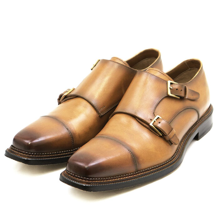 SALE【美品】STEFANO BRANCHINI ステファノ・ブランキーニ レザーシューズ ダブルモンク メンズ サイズ 8 ストラップ キャップトゥ ノルベジェーゼ製法 レザーソール S4527 ドレスシューズ 革靴 箱/袋付属 ライトブラウン 薄茶色 イタリア製【中古】