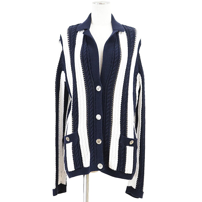 【極美品】CHANEL シャネル 編み物ジレー P74635 レディース 大いさ 36 COCO目じるし ラインストーンボタン 綿織物 上衣 置き目ゲージ ポロ色合い 縞模様 米国海兵隊員 米国海軍 白いこと 白 紺 イタリア製 ヴィルジニー・ヴィアール期【中古】