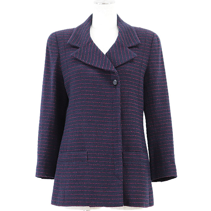 【極美品】CHANEL BOUTIQUE シャネル ブティック ヴィンテージジャケット 98A P11497 レディース 38 COCOマークボタン ウール × ナイロン ダブルブレスト フライフロント リラックスフィット アウター ネイビー パープルピンク 紺 桃色 紫 フランス製【中古】