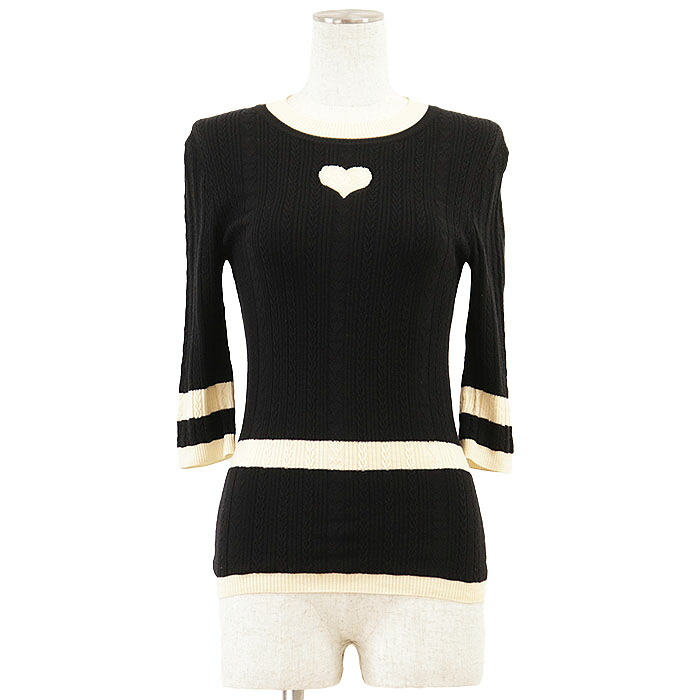 【美品】CHANEL シャネル ニット P52444 レディース サイズ 36 ウール100％ ハート ケーブル プルオーバー クルーネック ハーフスリーブ 丸首 半袖 トップス ブラック アイボリー 黒 フランス製 カール・ラガーフェルド期【中古】｜オパール店