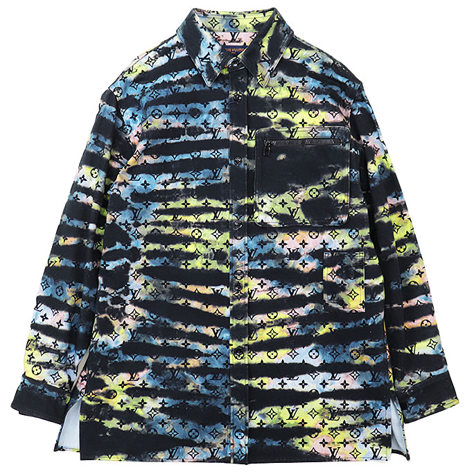 【未使用】LOUIS VUITTON ルイ・ヴィトン デニムジャケット メンズ サイズ XL 2021AW タイダイ LV モノグラム コットンツイル ユーティリティポケット シャツジャケット ロングスリーブ 長袖 アウター タグ付属 ブラック マルチカラー 黒 イタリア製【中古】|オパール店