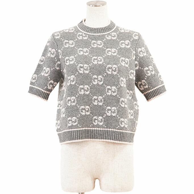 【未当て嵌める】GUCCI グッチ 編み物 レディース 大きさ S GGスプリーム モノグラム インターシャ 羊毛100% 真っただ中ゲージ ティーシャツ 労働者の一団のど首 遊撃手衣袂 丸首 半袖 トップス 曳き船嘱する 薄墨色 点火装置さくら色 薄墨色 さくら色 イタリア共和国製【中古】