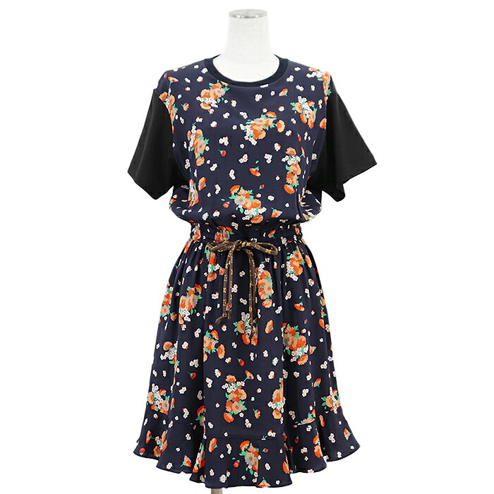 【美品】LOUIS VUITTON ルイ・ヴィトン ワンピース レディース サイズ L 2019SS フローラル 花柄 プリント クレープ &times; カットソー コンビ LV モノグラム ドローコード プルオーバー ショートスリーブ 半袖 ドレス ネイビー ブラック マルチカラー 黒 紺 イタリア製【中古】｜オパール店