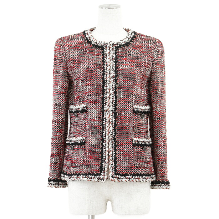 CHANEL シャネル ツイードジャケット レディース サイズ 38 P39769 ノーカラー シグネチャー ロゴ COCOマークボタン フルライニング 4P ウール &times; ナイロン アウター レッド ホワイト ブラック 黒 白 赤 フランス製 カール・ラガーフェルド期【中古】｜オパール店