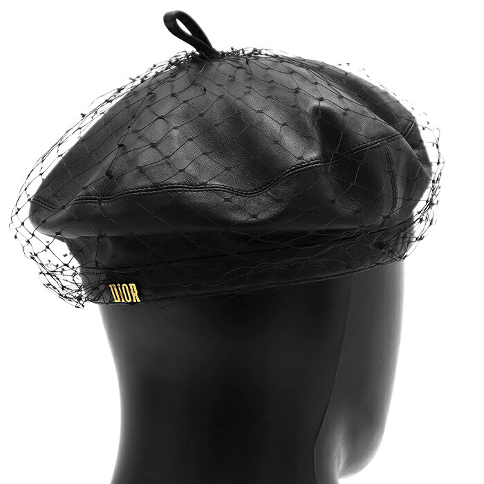 【美品】Christian Dior クリスチャン・ディオール ベレー帽 チュールベール サイズ 57cm CD Bee ロゴ エンブロイダリー 刺繍 メタルチャーム ラムレザー シルクライニング レイヤード シグネチャー ハット 帽子 小物 ブラック ゴールド 黒 金色 イタリア製【中古】