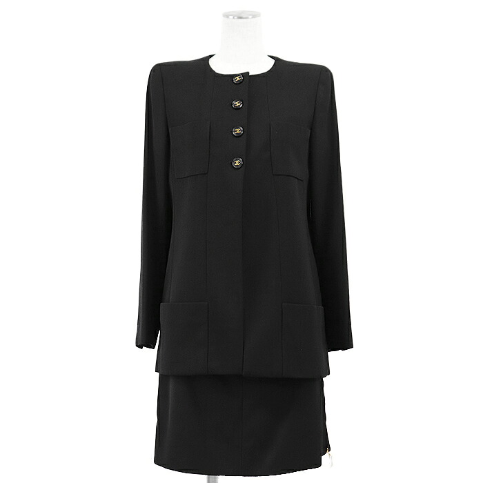 CHANEL シャネル ヴィンテージ セットアップ サイズ 38 レディース P95 P05179 ノーカラー ジャケット スカート シグネチャー ロゴ COCOマークボタン ウール100% ブラック 黒 フランス製 カールラガーフェルド期【中古】|オパール店