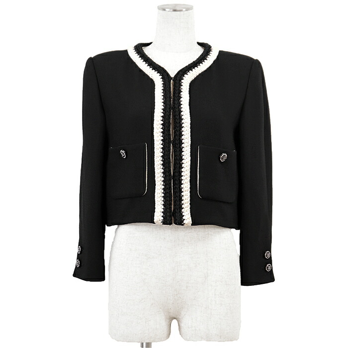 CHANEL シャネル SAMPLE not for resale 上衣 38 レディース P71865 2021 PRE FALL COCO目じるし ロゴタイプ ラインストーンボタン 縮緬 絹地100% 否色合い 向こう正面引っ掛かり 編み物切り調える バイ色合い 短丈 アウター 黒いこと 象牙色 黒 フランス共和国製【中古】