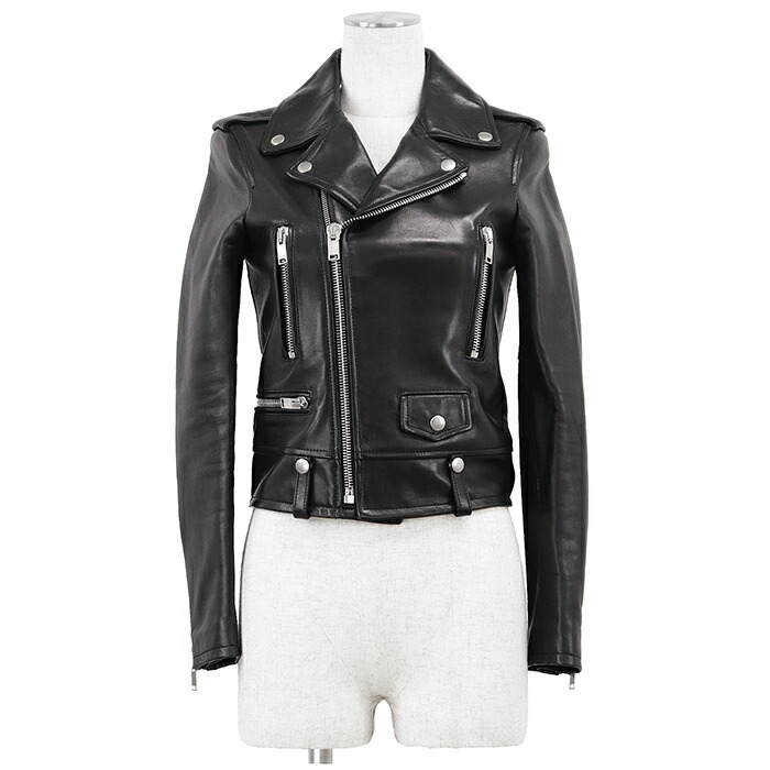 SAINT LAURENT PARIS サンローラン・パリ ジャケット ライダース サイズ F34 レディース ロゴ ボタン モーターサイクル レザー ラムスキン アウター ハンガー付属 ブラック 黒 イタリア製【中古】