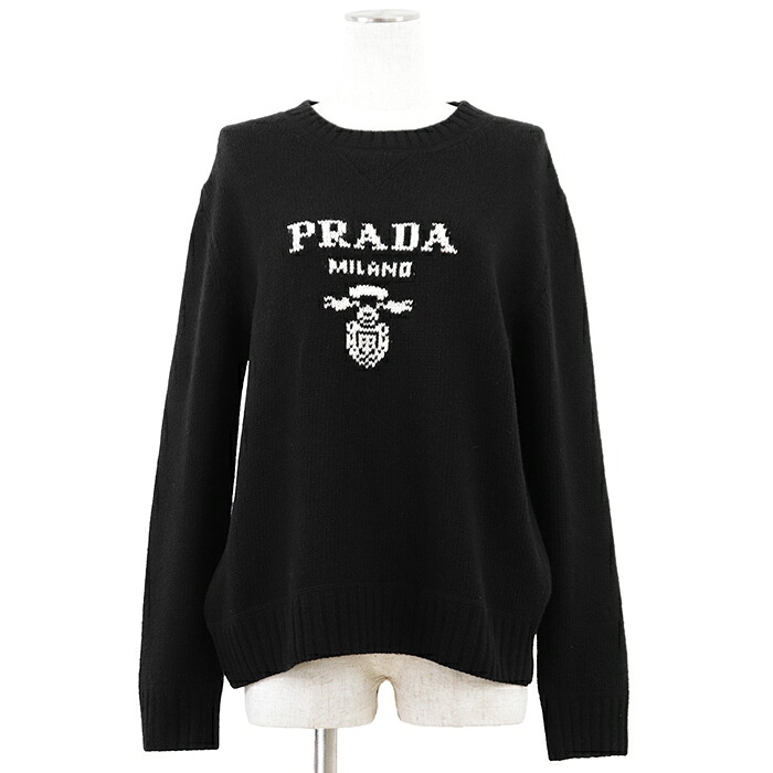 PRADA プラダ 編み物 大きさ 40 レディース ロゴタイプ インターシャ 羊毛 × カシミール ティーシャツ 労働者の一団のど首 ロング衣袂 丸首 長袖 トップス 黒いこと 黒 イタリア共和国製【中古】