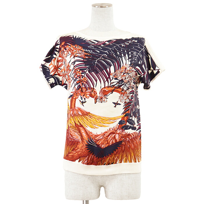 HERMES エルメス 編み物 34 レディース FLAMINGO PARTY フラミンゴ・寄り合い カレ柄 ツイルレーヌ 綿織物 × 地絹 ご機嫌ゲージ ズボン下 ティーシャツ 労働者の一団のど首 フレンチ衣袂 丸首 半袖 トップス 象牙色【中古】