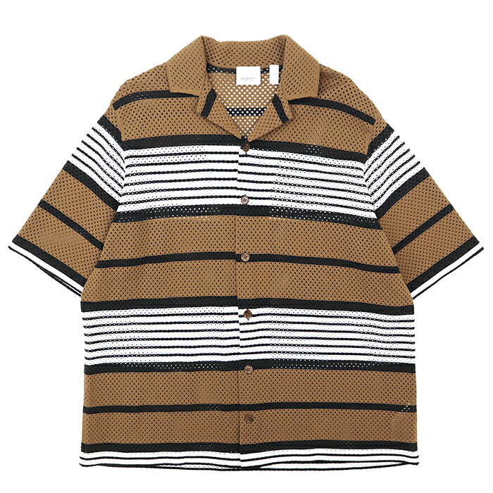 SALE【新品同様】BURBERRY バーバリー 半袖シャツ サイズ M メンズ ナイロン100% ストレッチ メッシュ ボーダー オープンカラー ハーフスリーブ トップス ブラウン 茶色 イタリア製【中古】