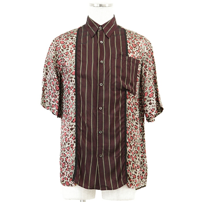 SALE【美品】DRIES VAN NOTEN ドリスヴァンノッテン シャツ サイズ 46 メンズ ストライプ × レオパード プリント ショートスリーブ 半袖 トップス ボルドー マルチカラー 総柄 ハンガリー製【中古】