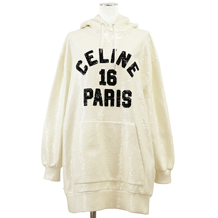 CELINE PARIS 16 セリーヌ パリ スウェット スパンコール パーカー サイズ S レディース 2022SS ロゴ フーディードレス ワンピース プルオーバー トップス アイボリー【中古】|オパール店
