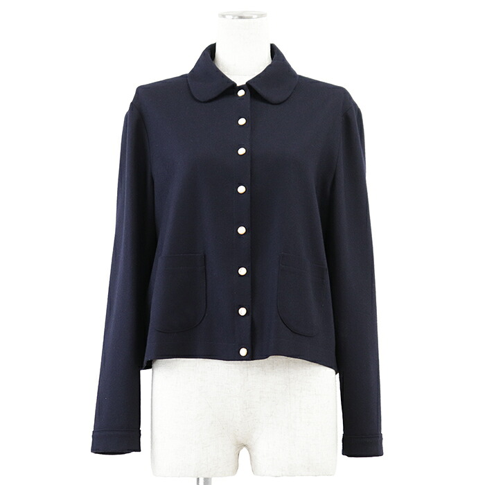 【美品】CELINE セリーヌ ジャケット サイズ 36 レディース カシミヤ100％ フラノ ラウンドカラー シグネチャー ロゴ トリオンフ フロントスナップボタン ショートレングス 短丈 軽量 アウター ネイビー 紺 イタリア製【中古】