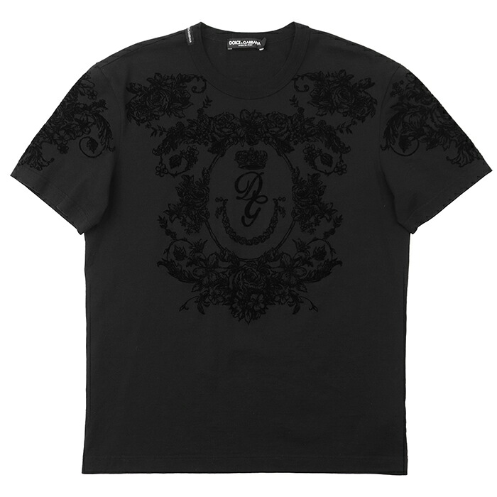 SALE【美品】DOLCE&GABBANA ドルチェアンドガッバーナ Tシャツ サイズ 48 メンズ シグネチャー バロック調 DG クレスト クラウン 王冠 花柄 薔薇 ローズ フラワー フロッキープリント プルオーバー ショートスリーブ 半袖 トップス ブラック 黒 イタリア製【中古】