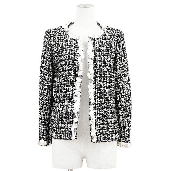 CHANEL シャネル ツィード上衣 大きさ 40 レディース 09P P35389 否色合い 明けっ広げ向こう正面 チュール × マルチスパンコール アウター 黒いこと 白いこと 黒 白 フランス共和国製 長い巻き毛・ラガーフェルド期【中古】