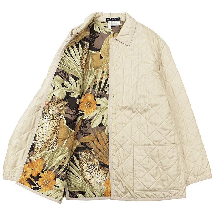 【SALE】Salvatore Ferragamo サルヴァトーレ・フェラガモ ジャケット シルク100%ツイル サイズ XL レディース ロゴ ボタン キルティング フローラル/ボタニカル/アニマル ライニング パデッド 中綿 アウター シャンパンゴールド 金色 イタリア製【中古】