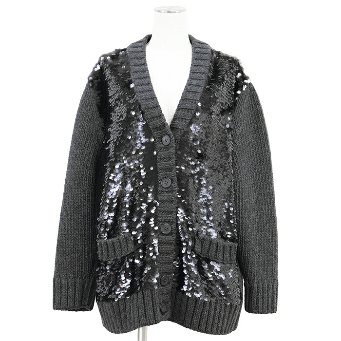 【極美品】PRADA プラダ 編み物 ジレー 羊毛/カシミール 大いさ 38 レディース 2021年製 置き目ゲージ スパンコール ロング衣袂 長袖 トップス 薄墨色 薄墨色 イタリア共和国製【中古】