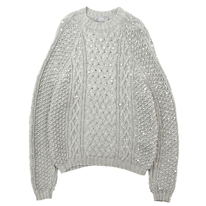 【美品】Dior ディオール ニット ウール/カシミヤ サイズ S メンズ フェイクパール ローゲージ オーバーサイズ ラウンドネック ロングスリーブ 長袖 トップス グレージュ 灰色 イタリア製【中古】