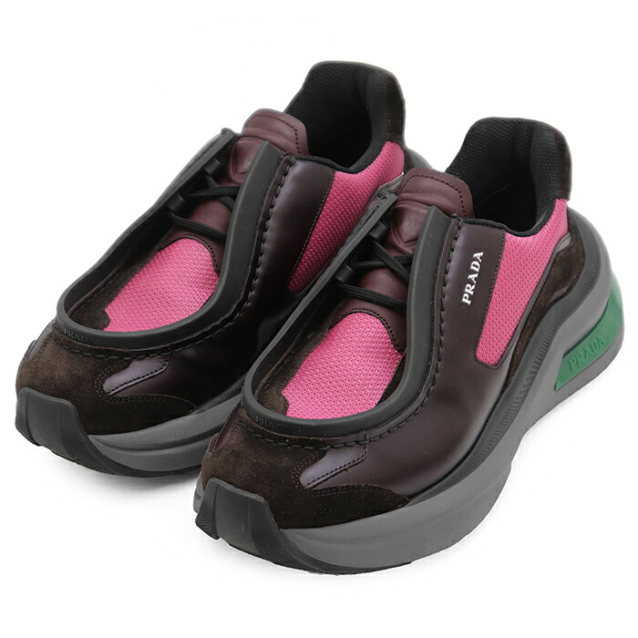 【美品】PRADA プラダ スニーカー システム サイズ 6 メンズ トライアングルロゴ スウェード/テクニカルメッシュ/レザー ハイブリッド モックトゥ チャンキーソール 厚底 シューズ 靴 箱・袋付属 ブラウン バーガンディ ピンク 茶色 桃色 イタリア製 2EG424【中古】|オパール店