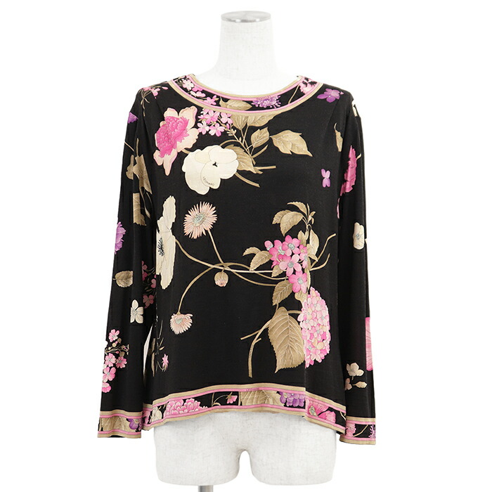 SALE【美品】LEONARD レオナール カットソー 大きさ LL レディース 御花 花柄 書き判 ロゴタイプ 刷り上げる 地絹 × 羊毛 編み物プルオーバー うしろ側ジッパー ティーシャツ ロング捩り 長袖 トップス 黒いこと 黒 総柄 日本製【中古】