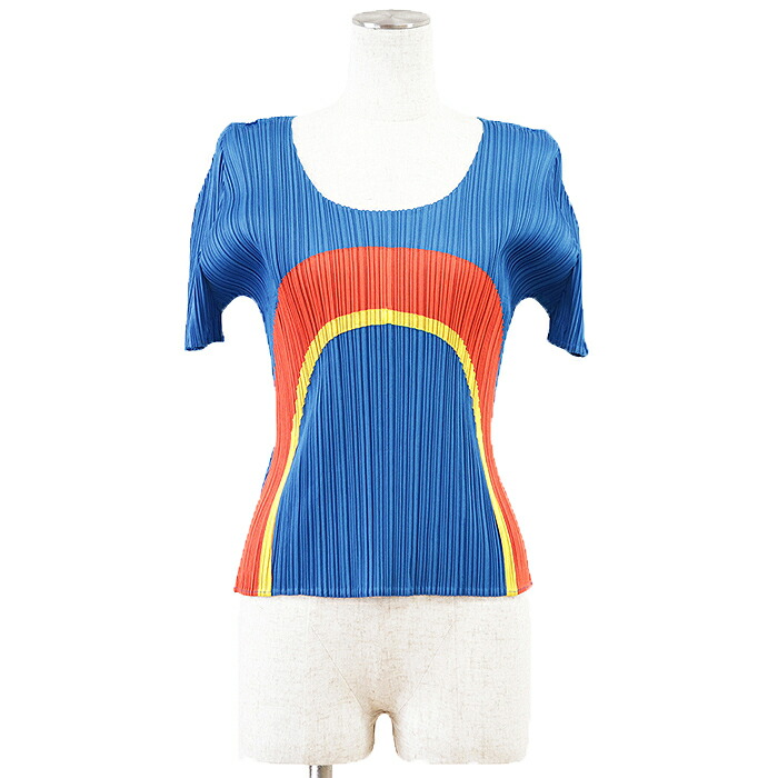 SALE【美品】PLEATS PLEASE プリーツプリーズ カットソー サイズ 3 レディース ショートスリーブ レインボー 虹 モチーフ トップス ブルー 青 日本製【中古】